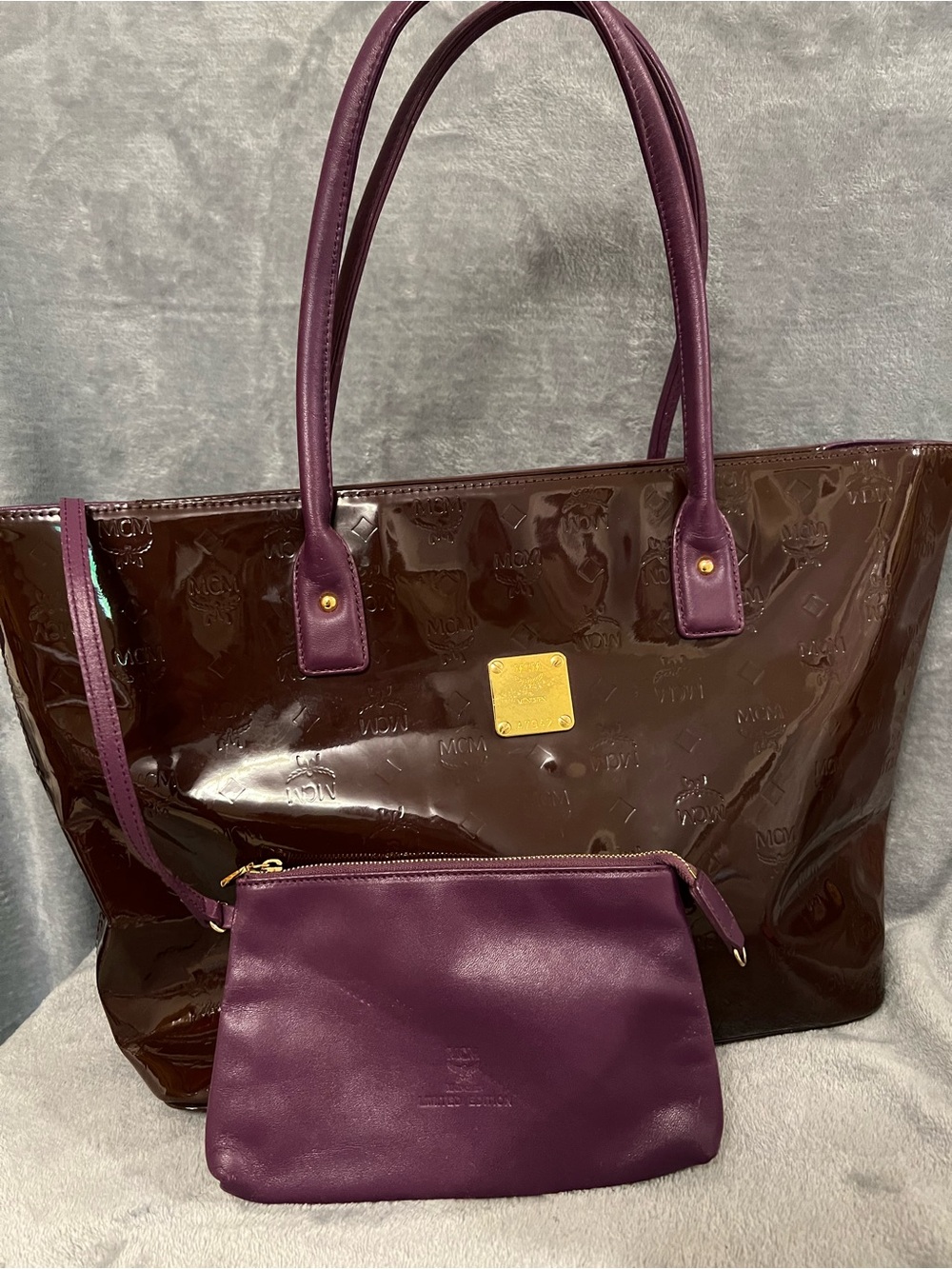 MCM Patent Tote in Dark Brown with Plum Handles